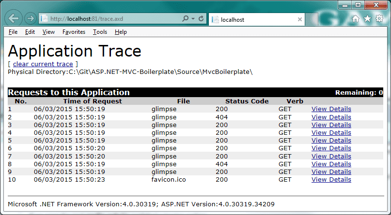 ASP.NET Tracing Trace.axd Page