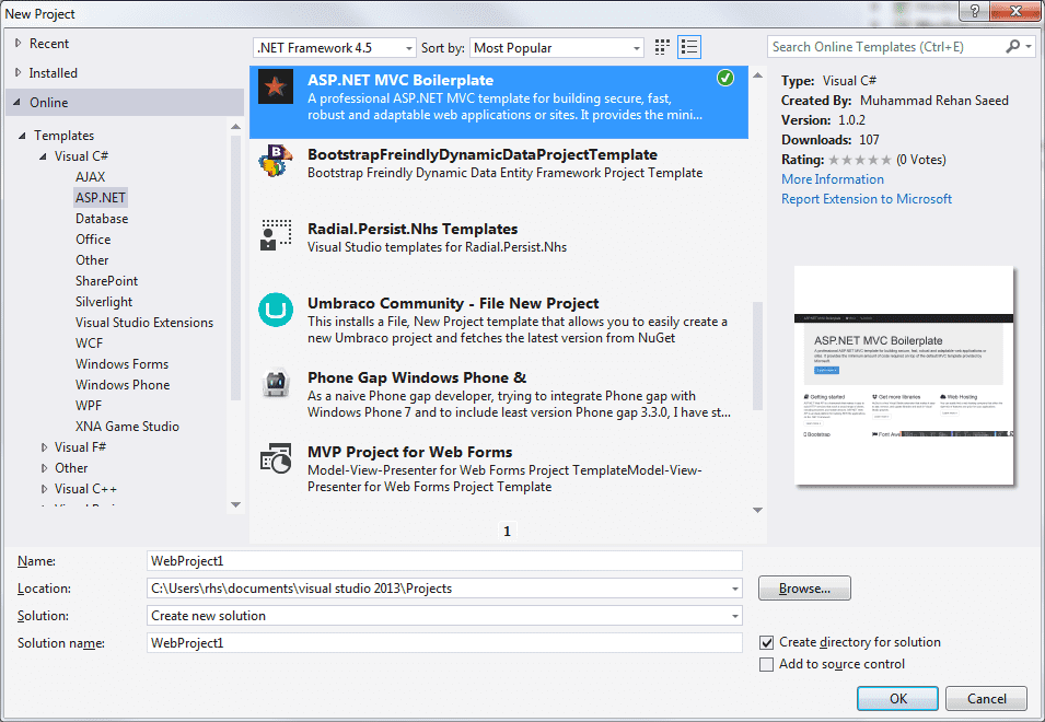 The project template shown in the 'Online' section of Visual Studio's 'New Project' dialogue.