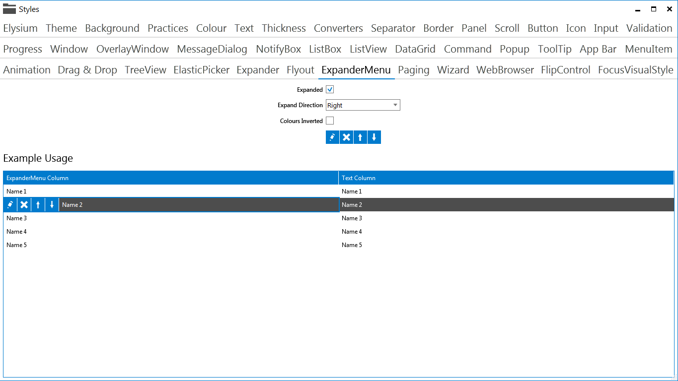 Elysium Extra - Sample application screenshot of the ExpanderMenu