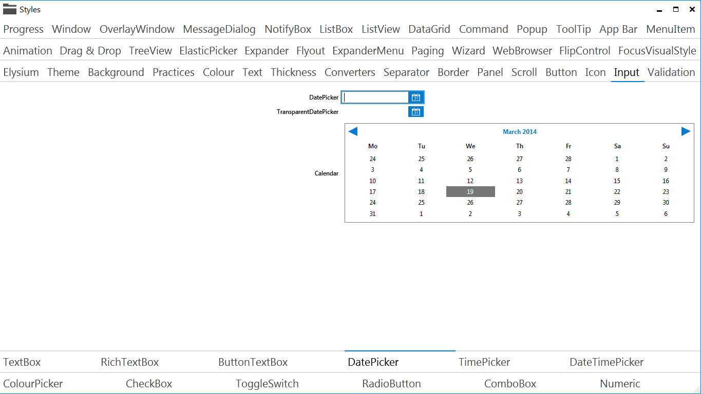 Elysium Extra - Sample application screenshot of the DatePicker