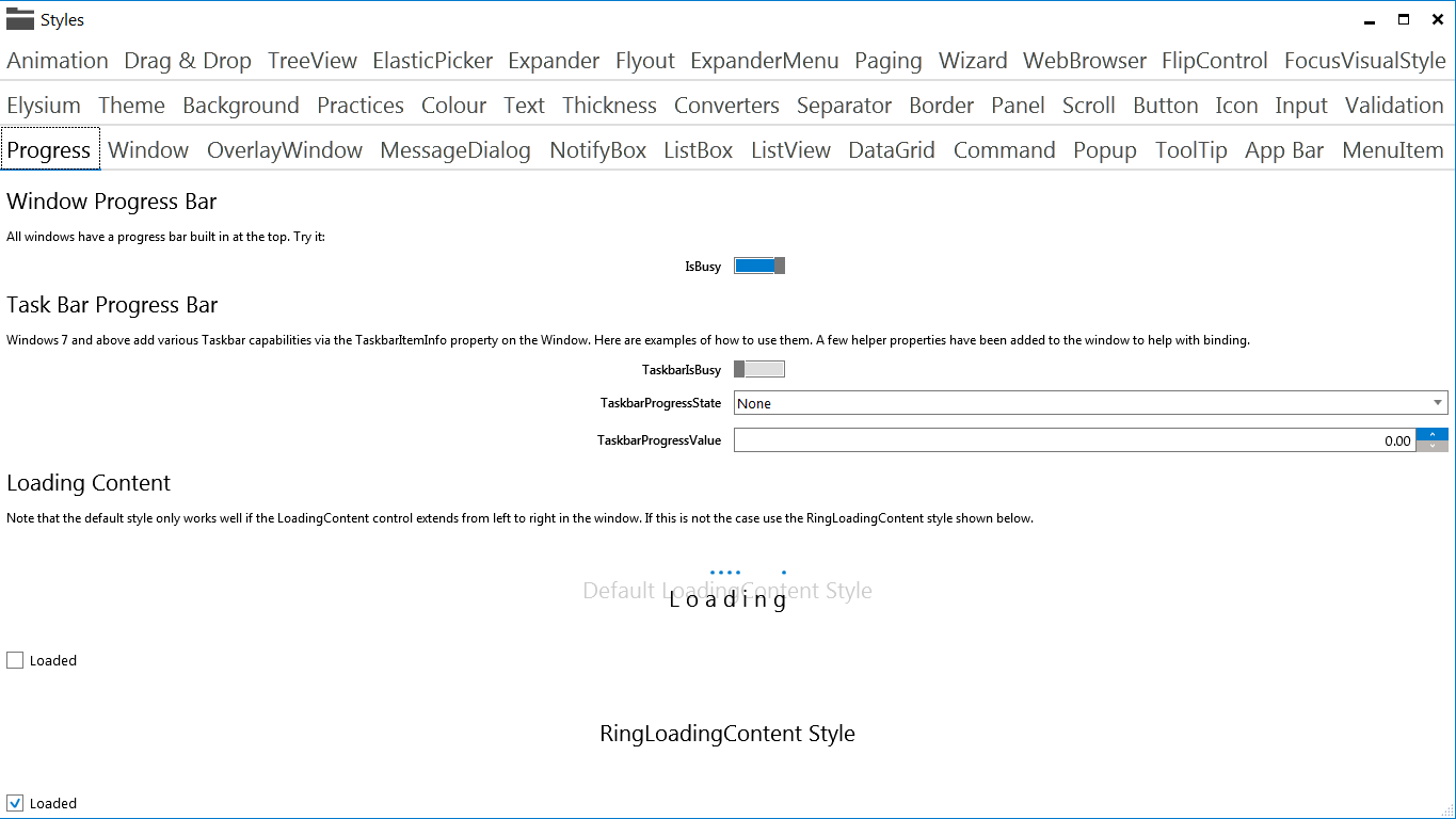 Elysium Extra - Sample application screenshot of the Progress showing controls