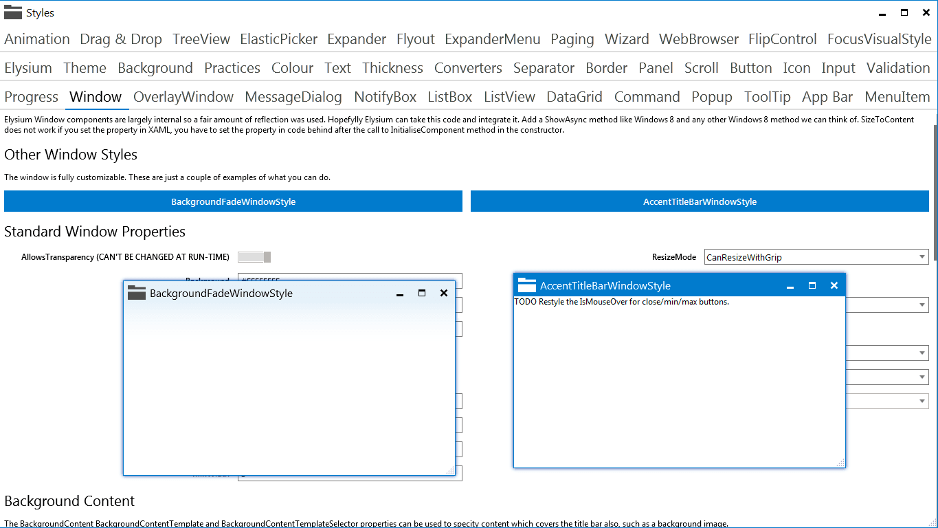 Elysium Extra - Sample application screenshot of the Window styles 1
