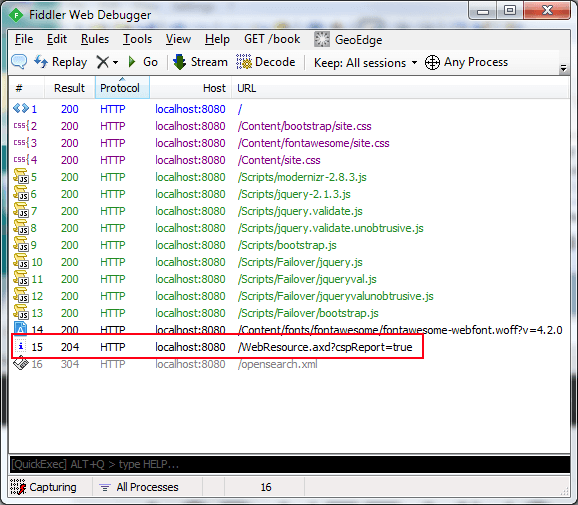 Fiddler Content Security Policy Violation