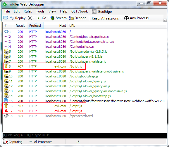 Fiddler No Content Security Policy Applied