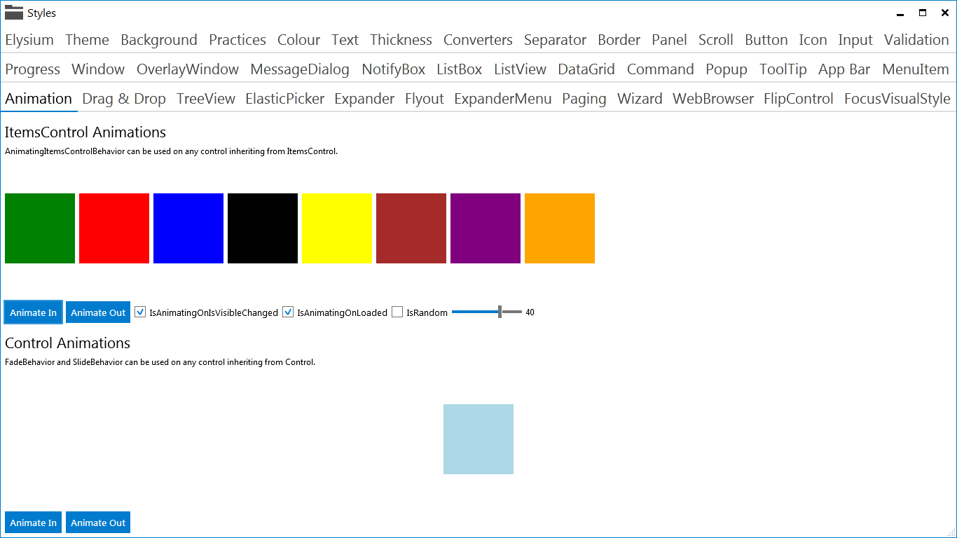 Elysium Extra - Sample application screenshot of the Animations