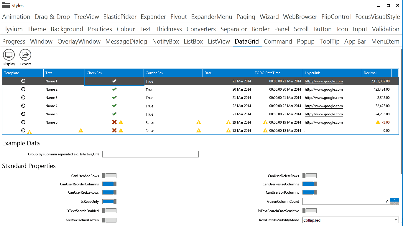 Elysium Extra - Sample application screenshot of the DataGrid