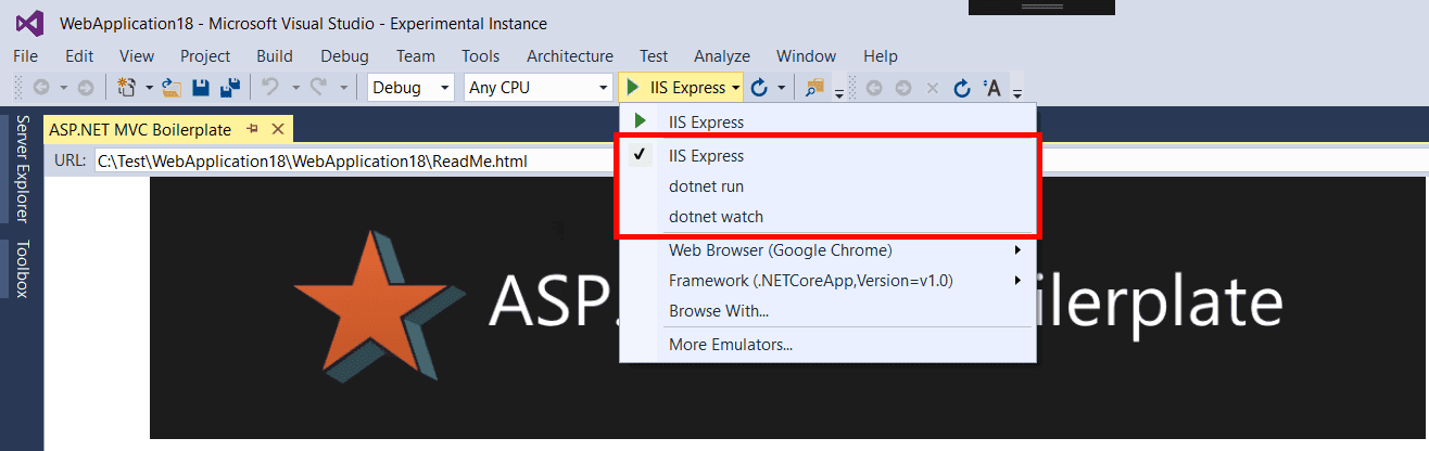 Dotnet Watch in the Visual Studio Toolbar