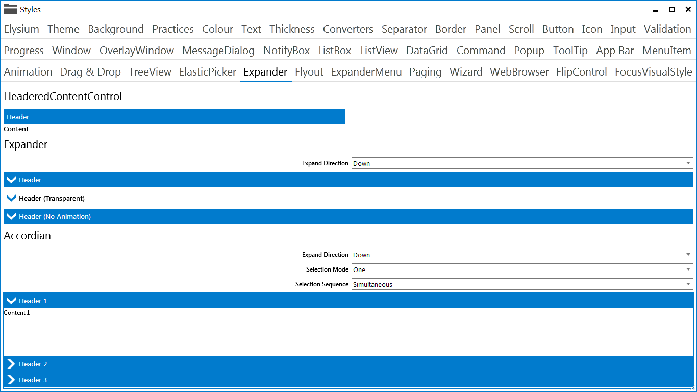 Elysium Extra - Sample application screenshot of the Expander and Accordion