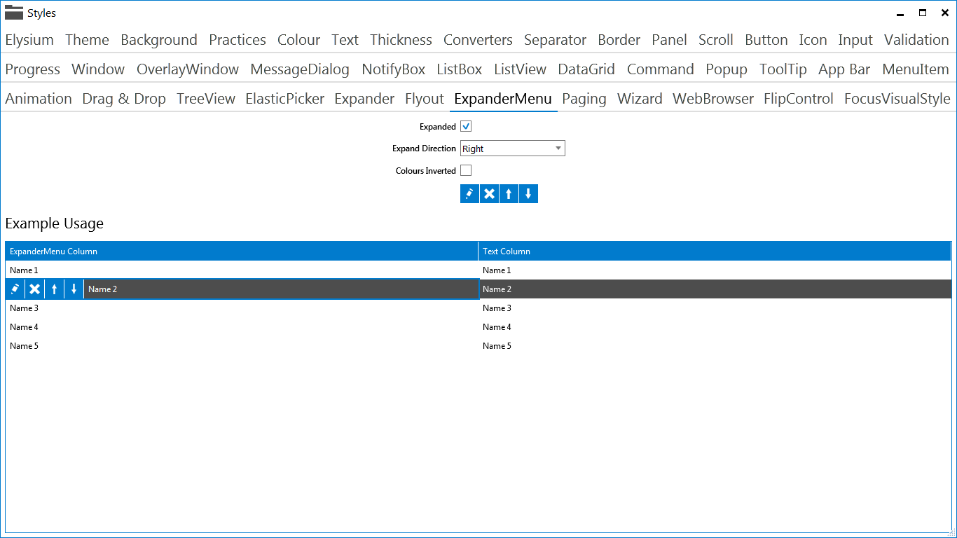 Elysium Extra - Sample application screenshot of the ExpanderMenu