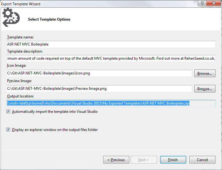 The export template 'Select template options' screen, where you can describe your template.