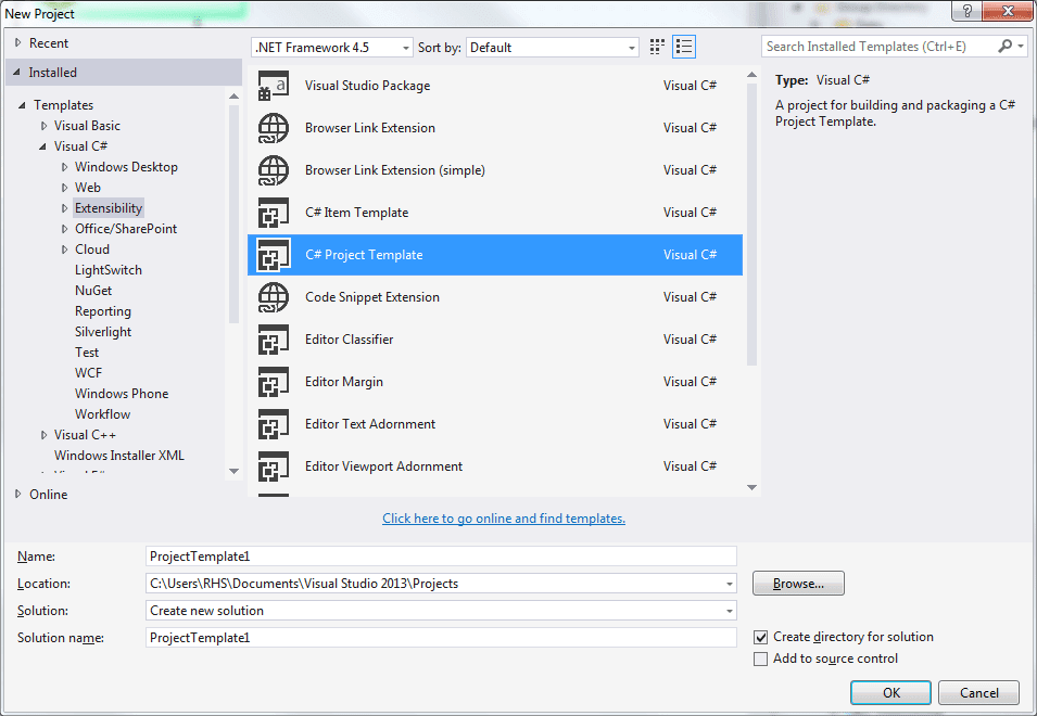 The new project dialogue, showing how to create a new VSIX C# project.