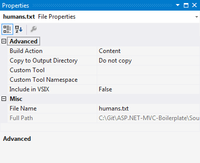 The properties window for a file in a VSIX C# project. Note, that the file build action has been set to 'Content'.