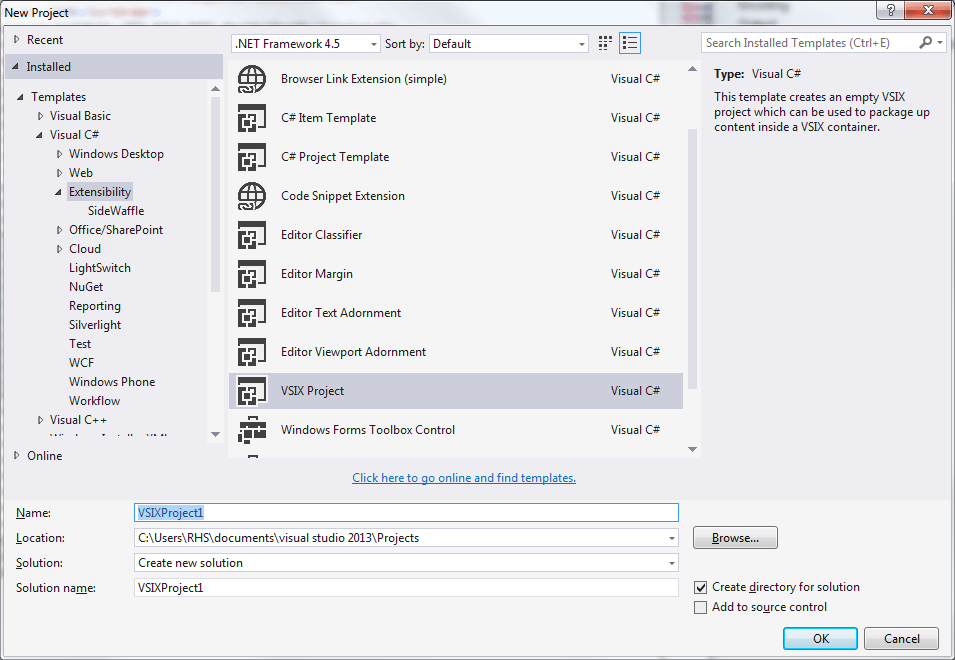 The new project dialogue, showing how to create a new VSIX project.