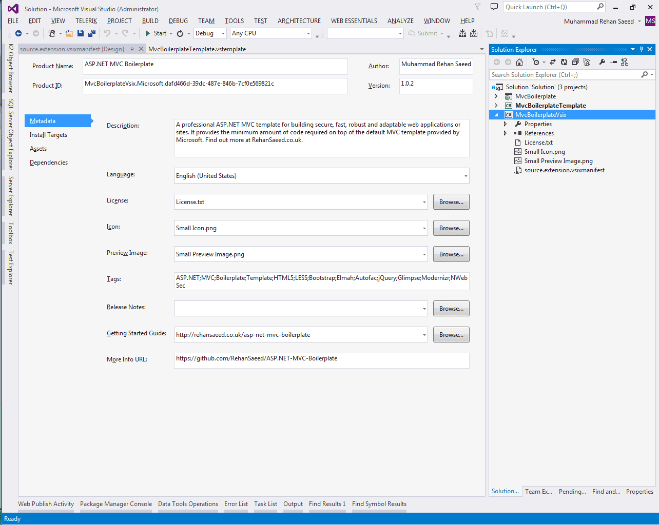 The metadata for the VSIX project, describing the .vsix installer file and also the project shown in the solution explorer, showing the files included.