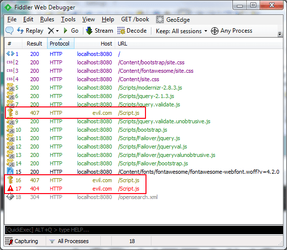 Fiddler No Content Security Policy Applied