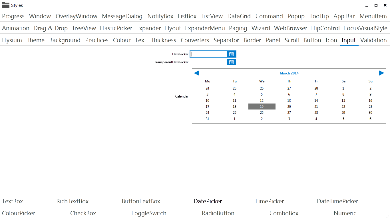 Elysium Extra - Sample application screenshot of the DatePicker