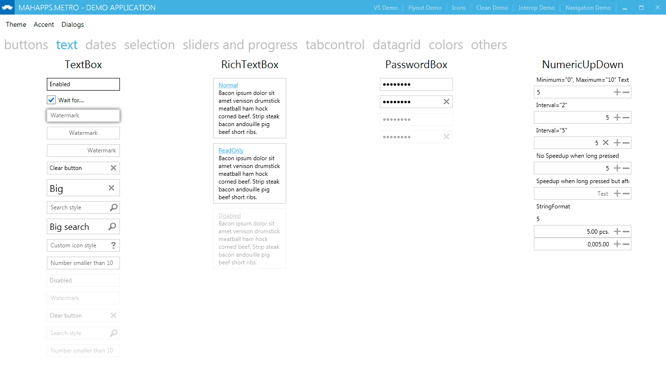 MahApps Metro screenshot of the input controls