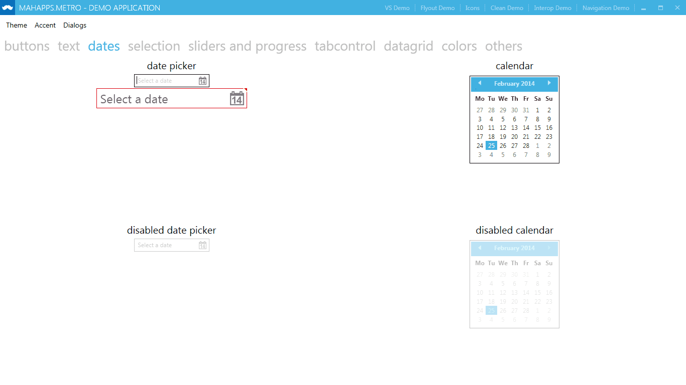 MahApps Metro screenshot of the calendar controls