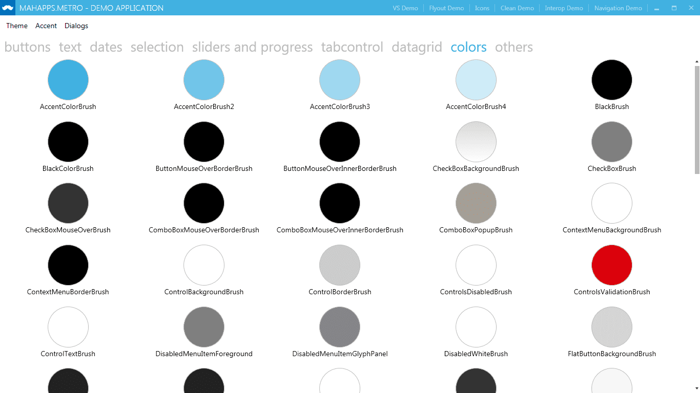 MahApps Metro screenshot of the available brushes