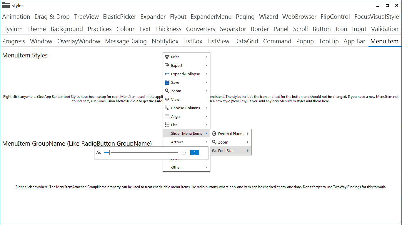 Elysium Extra - Sample application screenshot of the built in MenuItem's