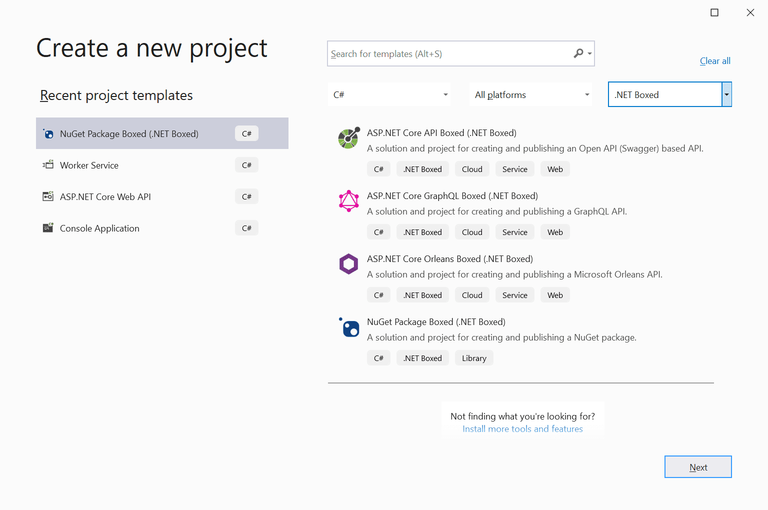 Visual Studio new project dialogue