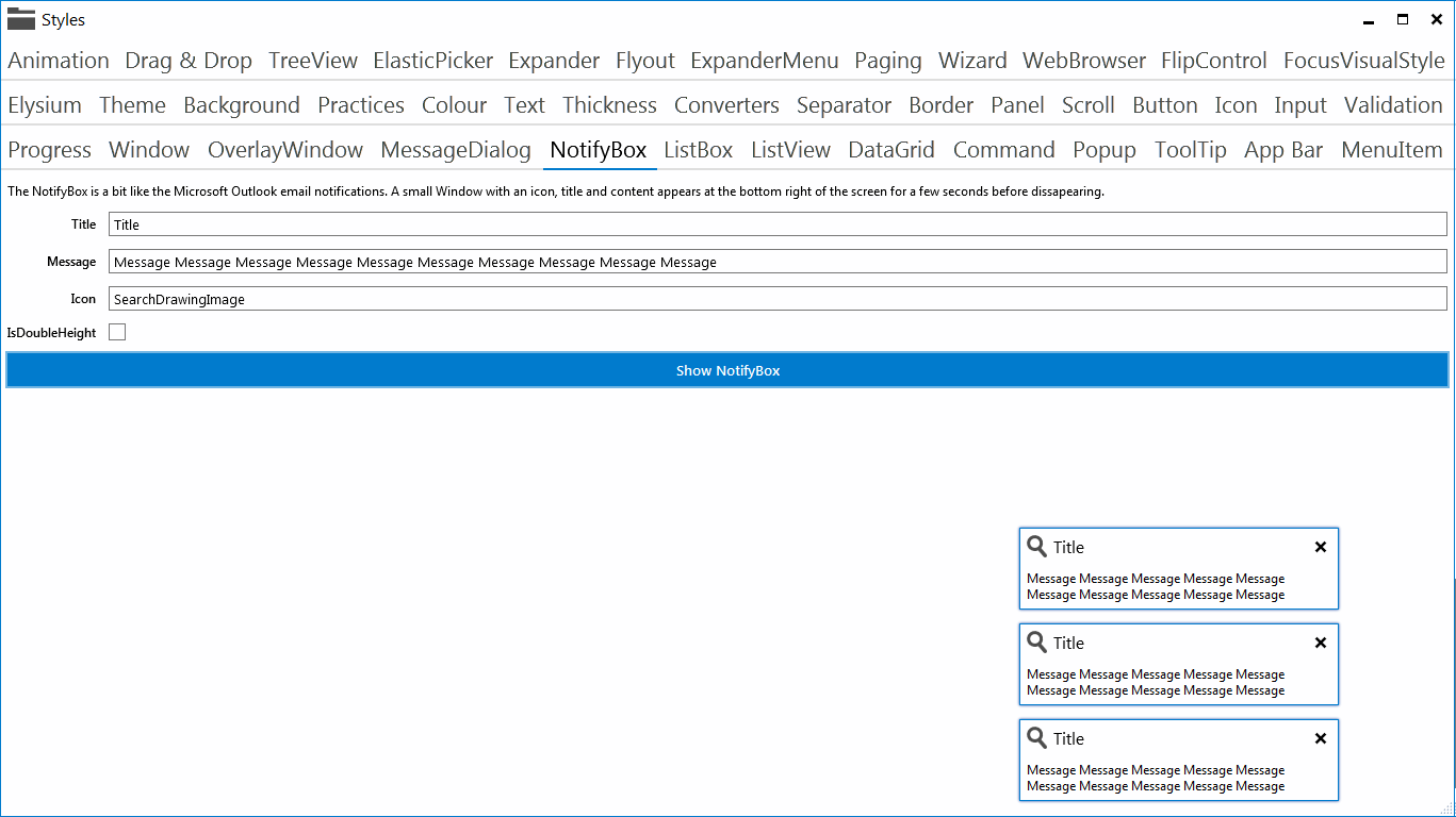 Elysium Extra - Sample application screenshot of the NotifyBox