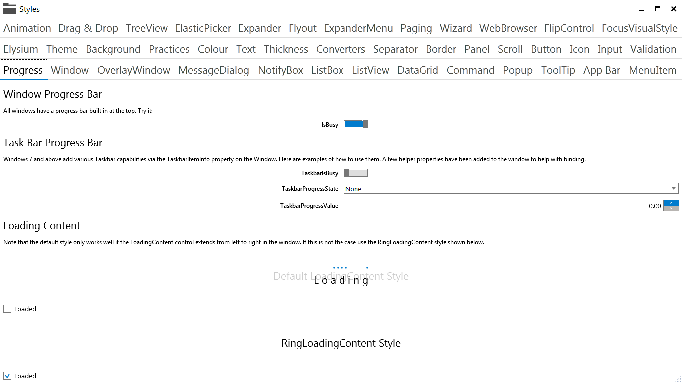 Elysium Extra - Sample application screenshot of the Progress showing controls