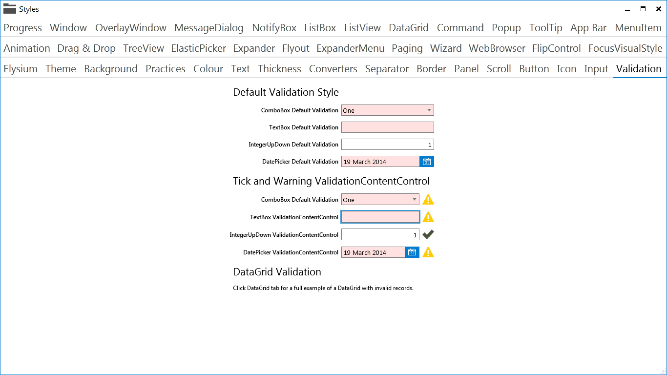 Elysium Extra - Sample application screenshot of the validation of built in controls