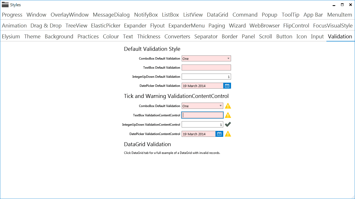 Elysium Extra - Sample application screenshot of the validation of built in controls