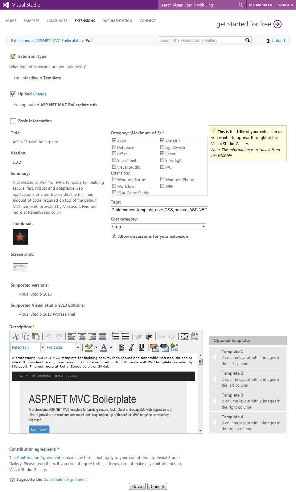 An example of the Visual Studio Gallery Submission Page.