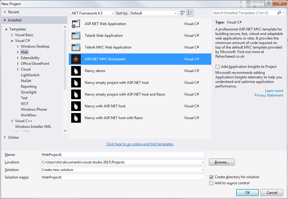 The project template shown in the 'Web' section of Visual Studio's 'New Project' dialogue.