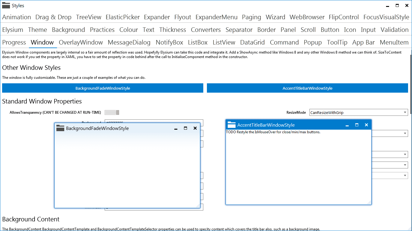 Elysium Extra - Sample application screenshot of the Window styles 1